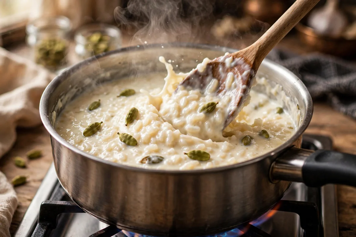 Cardamom Rice Pudding with Pistachios and Honey - cooking
