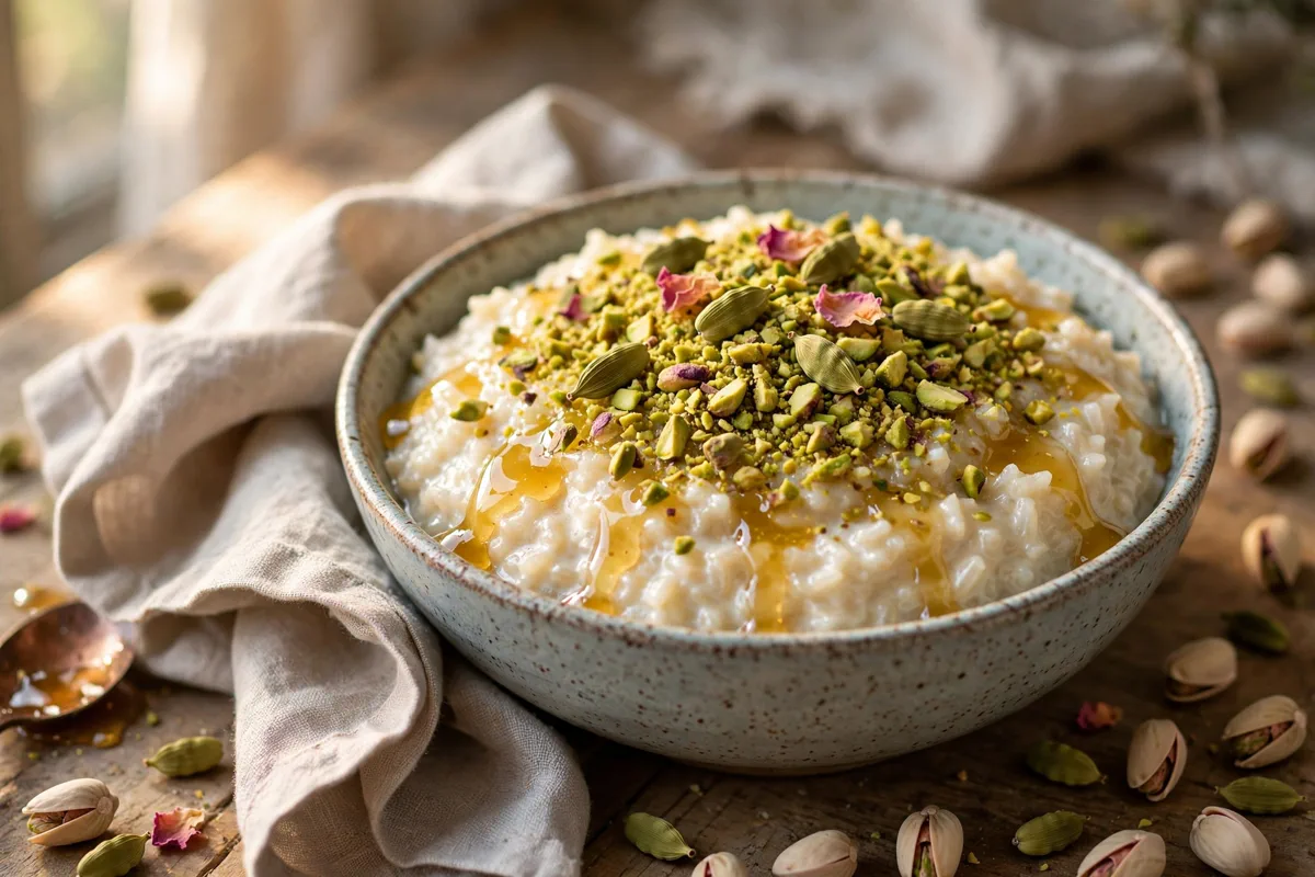 Cardamom Rice Pudding with Pistachios and Honey - plated