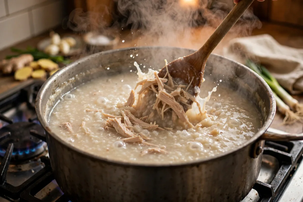 Easy Chicken Congee Recipe with Crispy Garlic and Chili Oil - cooking