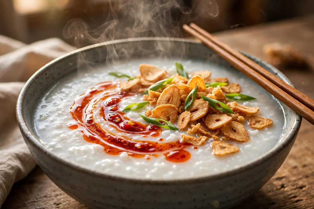 Easy Chicken Congee Recipe with Crispy Garlic and Chili Oil
