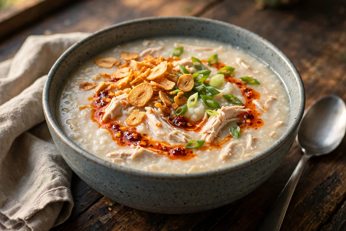 Easy Chicken Congee Recipe with Crispy Garlic and Chili Oil - plated