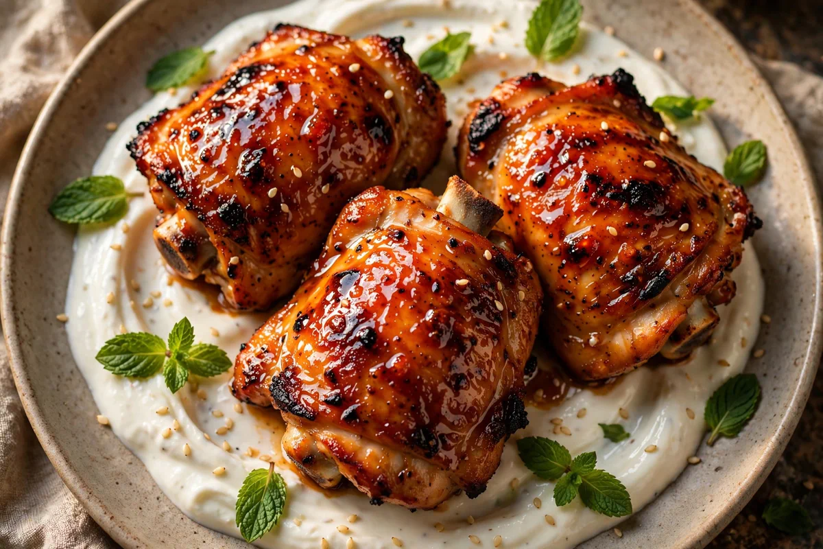 Harissa Honey Chicken Thighs with Yogurt Sauce