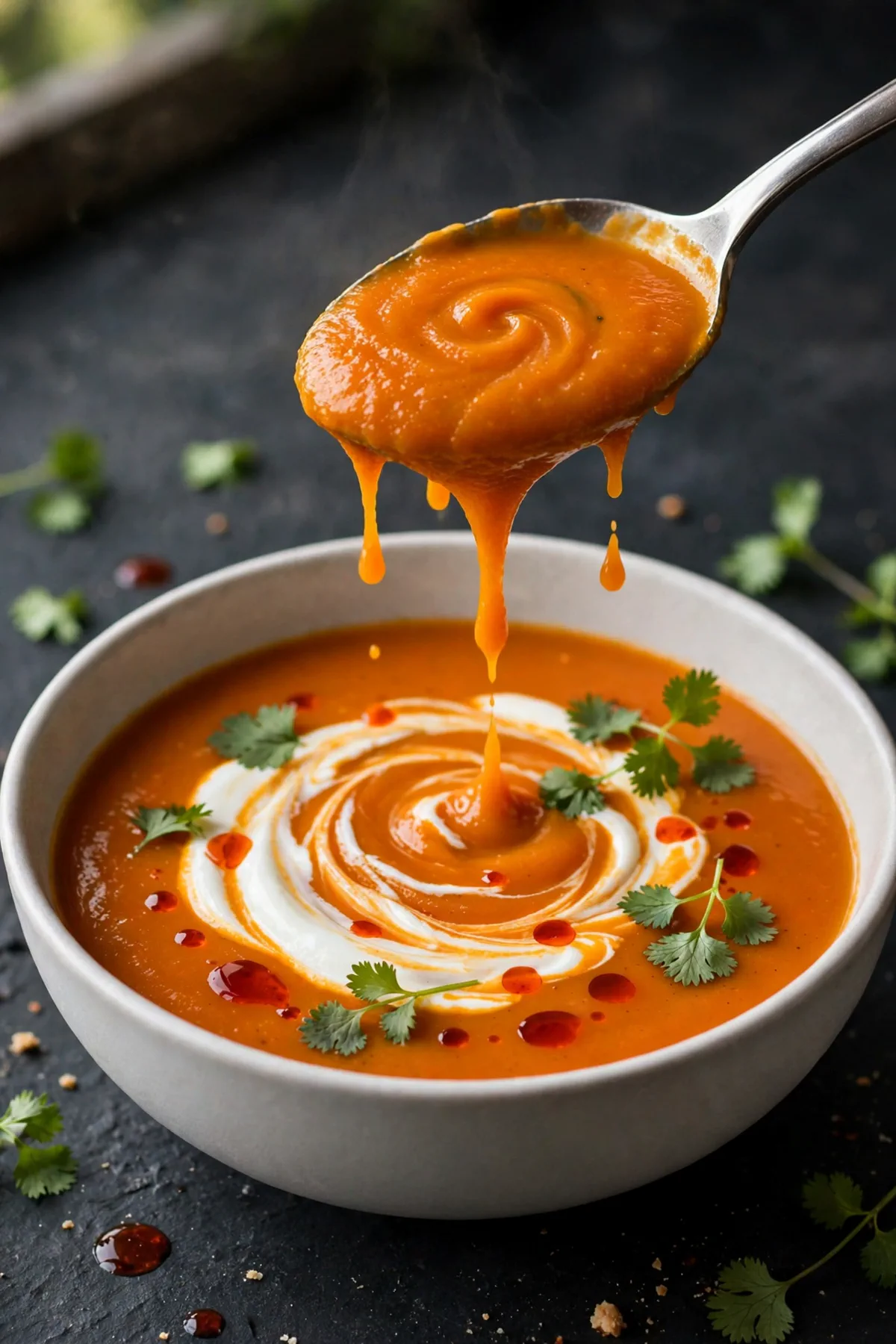 Roasted Carrot and Harissa Soup with Yogurt Swirl