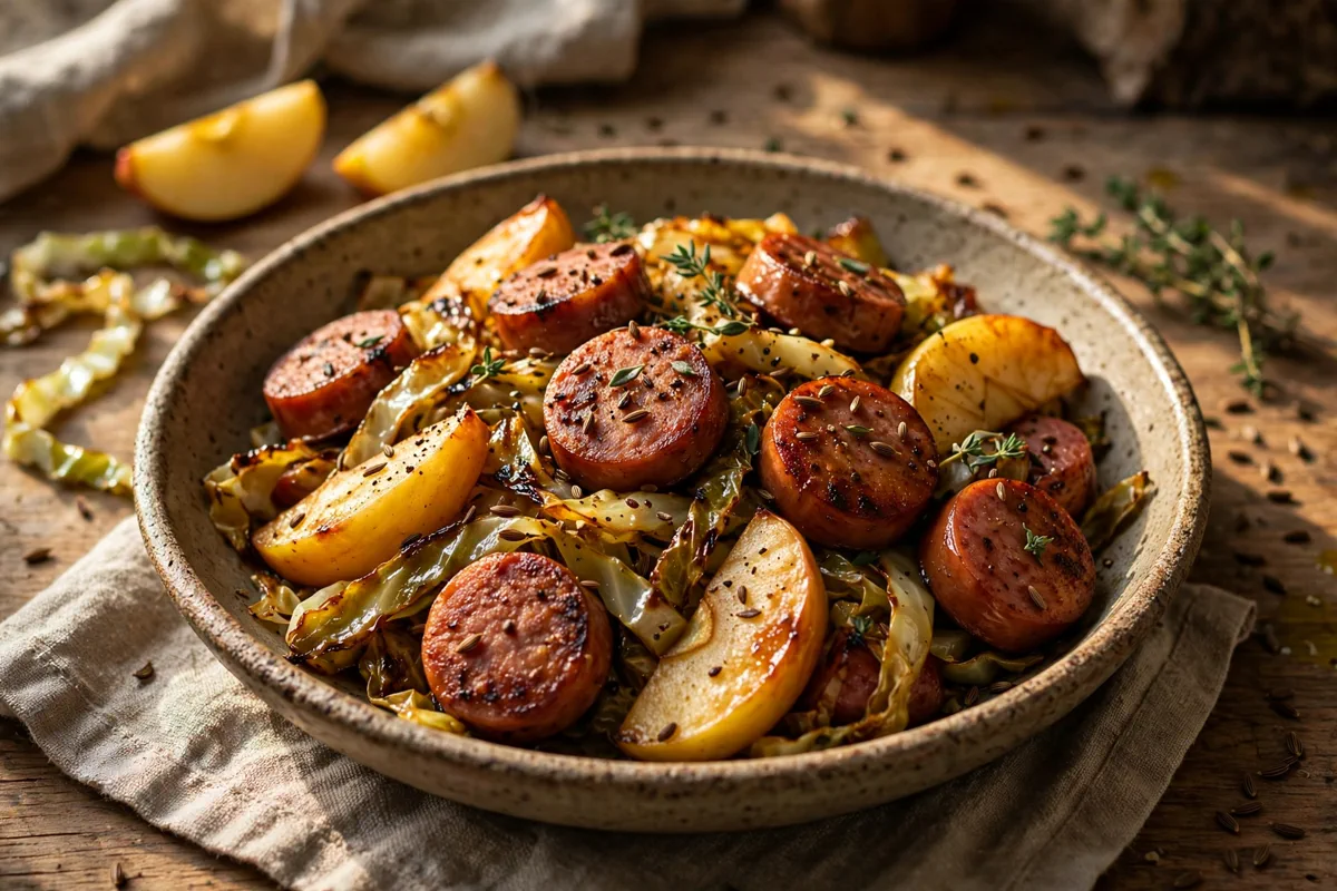 One-Pan Kielbasa with Apples and Cabbage (Fall Skillet) - plated