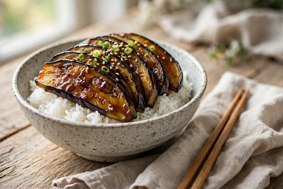 Miso-Glazed Eggplant Donburi (15-Minute Rice Bowls) - plated