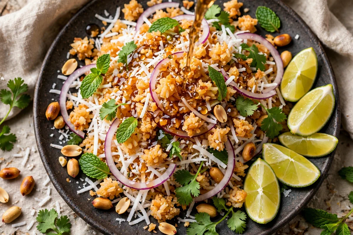 Nam Khao (Lao Crispy Rice Salad with Herbs)