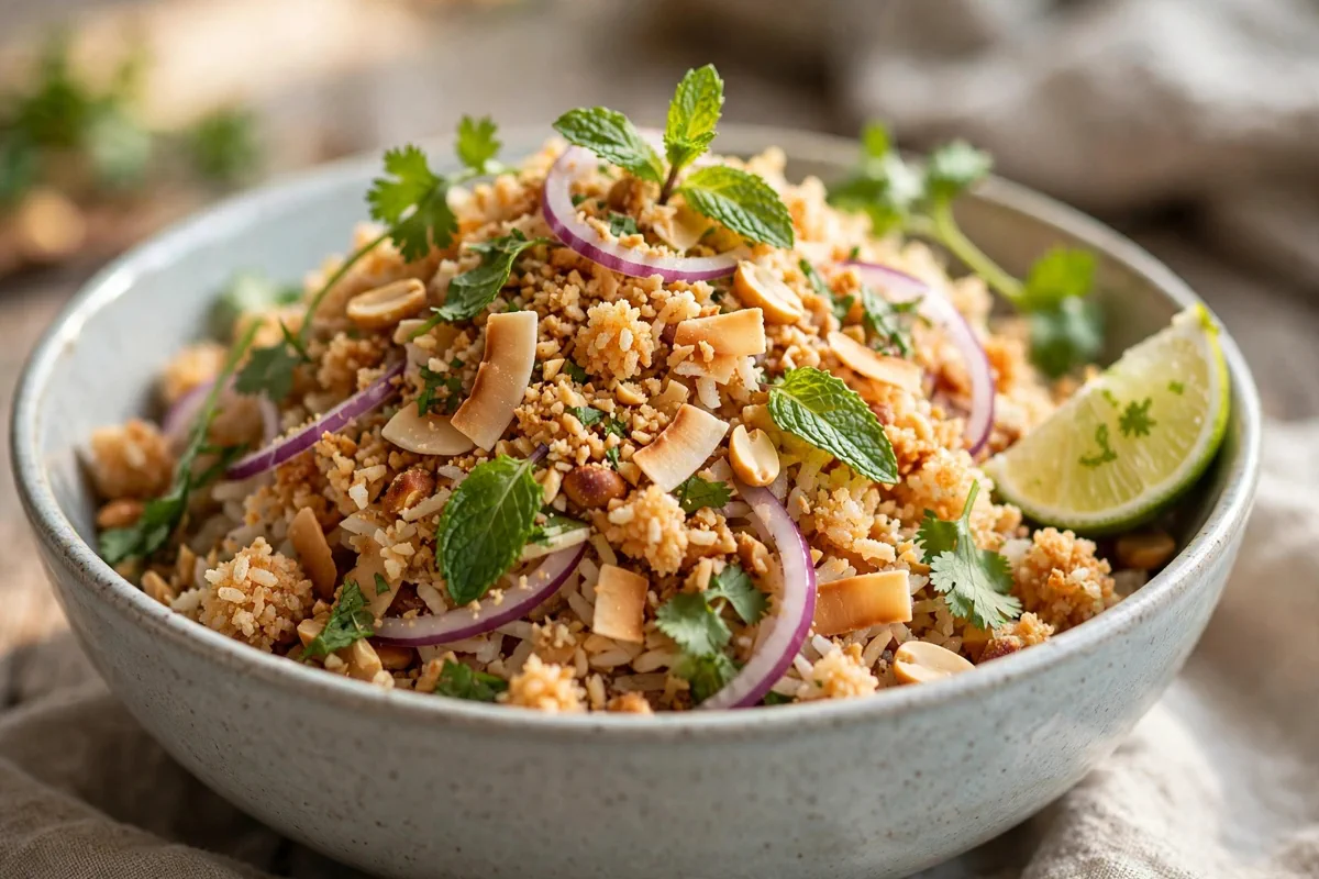 Nam Khao (Lao Crispy Rice Salad with Herbs) - plated