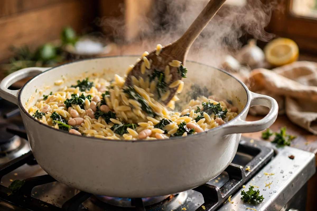 One-Pot Lemon Orzo with White Beans and Kale - cooking