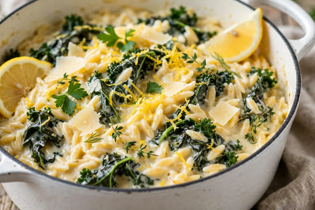 One-Pot Lemon Orzo with White Beans and Kale