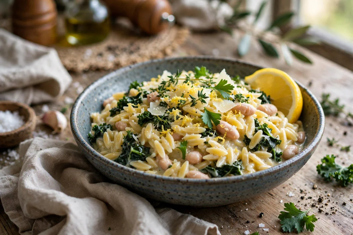One-Pot Lemon Orzo with White Beans and Kale - plated