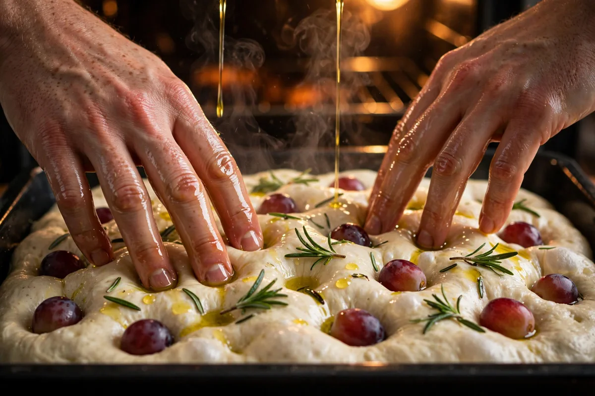 No-Knead Roasted Grape Focaccia with Rosemary - cooking