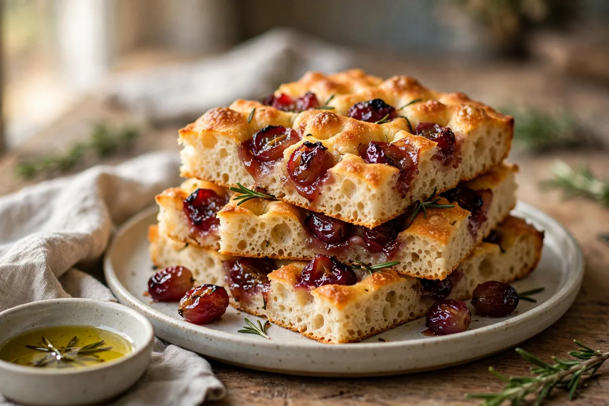 No-Knead Roasted Grape Focaccia with Rosemary - plated