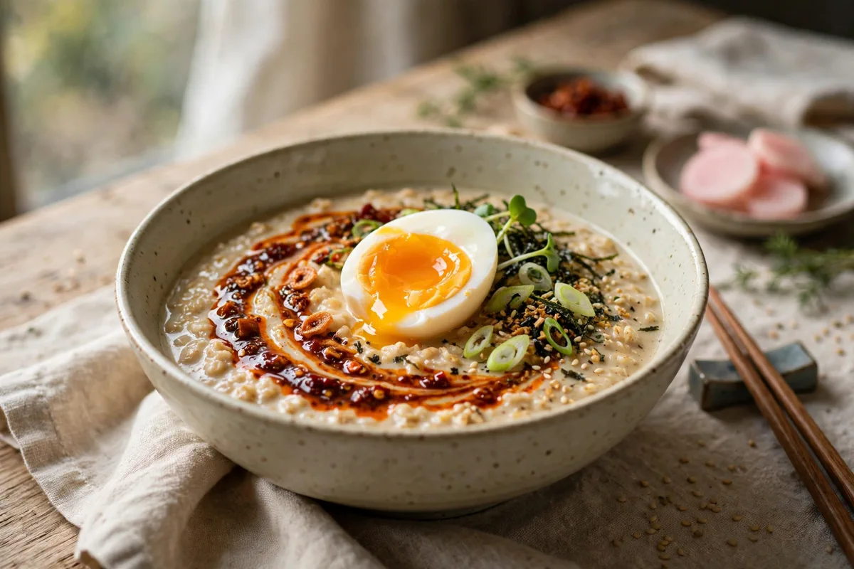 Savory Miso Oatmeal with Jammy Eggs and Chili Crisp - plated