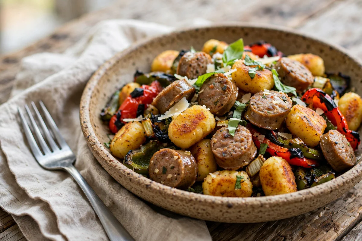 Sheet-Pan Crispy Gnocchi with Sausage and Peppers - plated
