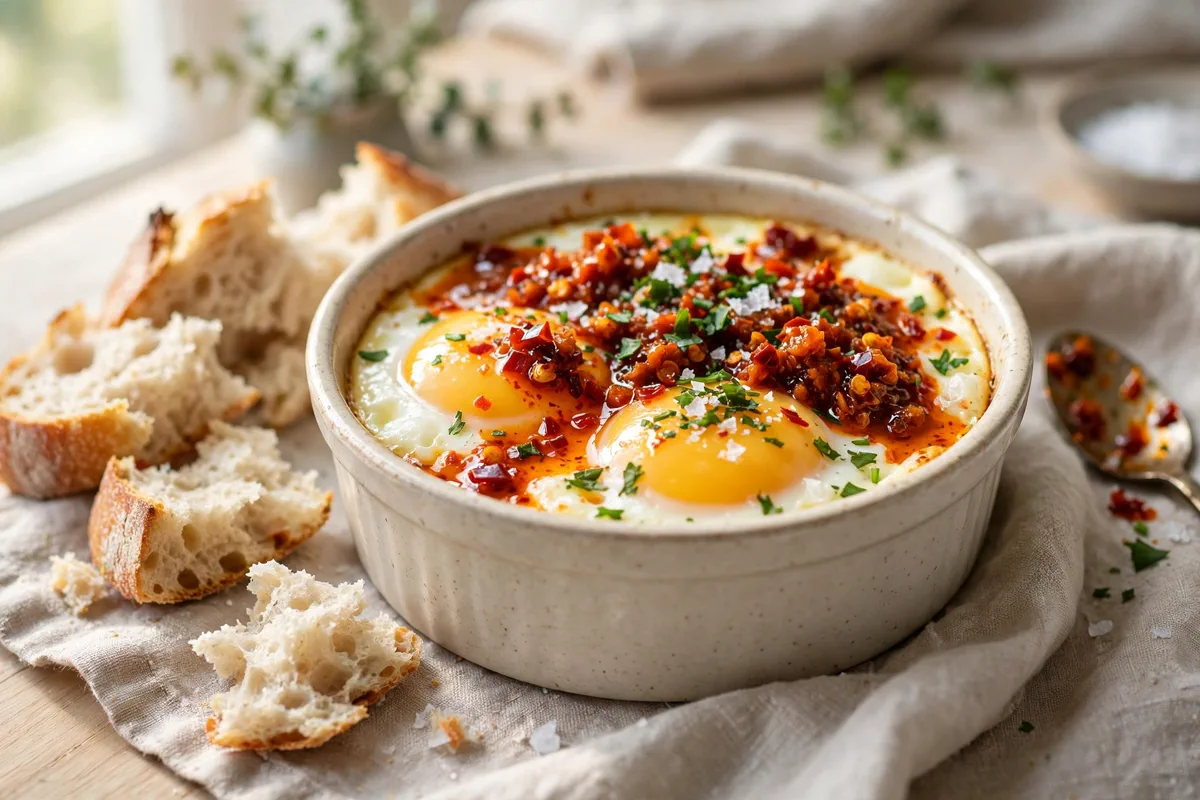 Shirred Eggs with Chili Butter (Oven-Baked Eggs) - plated