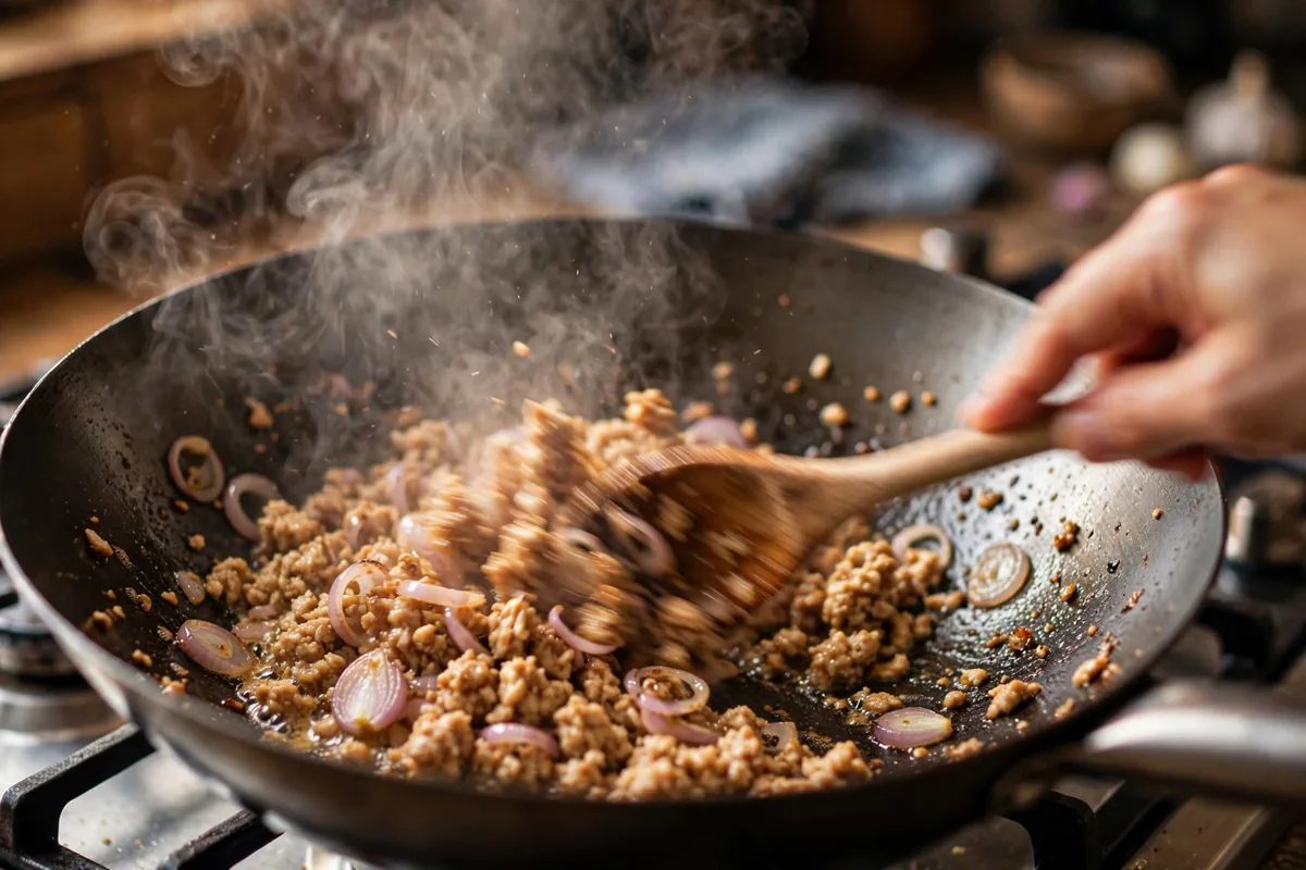 Larb Gai (Thai Minced Chicken Salad) - cooking