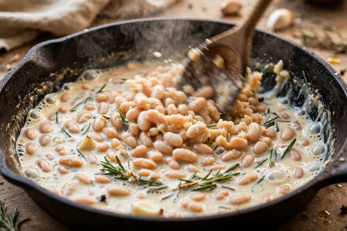 Creamy Tuscan White Bean Skillet with Crispy Sage - cooking